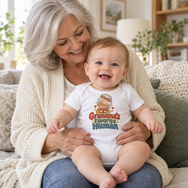 Grandma holding baby in the Grandma's Favorite Human baby bodysuit