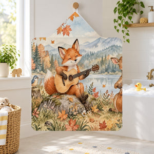 Fox Guitar kids hooded bath towel hanging in a kids bathroom
