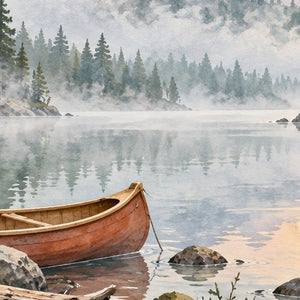 Canoe Lake Camping shower curtain, close up of the watercolor artwork