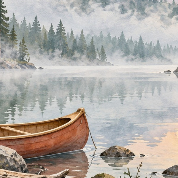 Canoe Lake Camping shower curtain, close up of the watercolor artwork