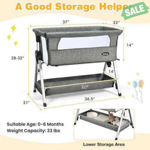 Adjustable Baby Bedside Crib with Large Storage-Gray Dark Gray Bassinets & Bedside Sleepers