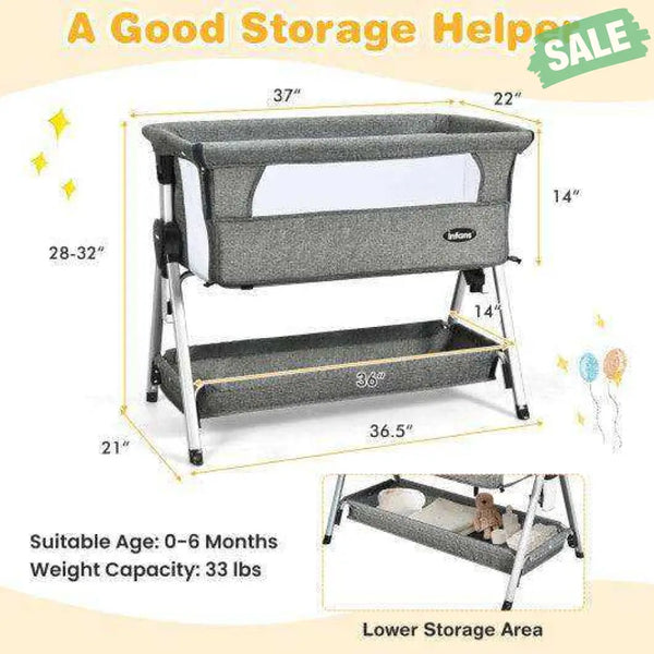 Adjustable Baby Bedside Crib with Large Storage-Gray Dark Gray Bassinets & Bedside Sleepers