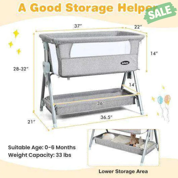 Adjustable Baby Bedside Crib with Large Storage-Gray Dark Gray Bassinets & Bedside Sleepers