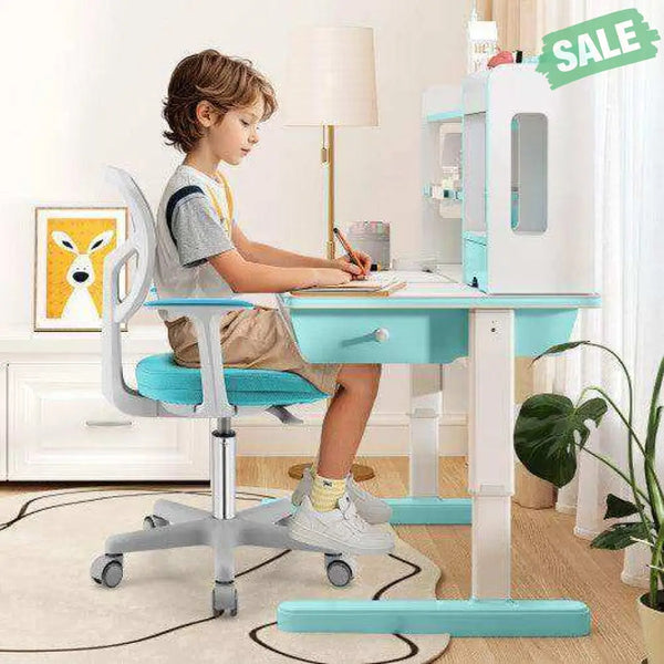 Adjustable Desk Chair with Auto Brake Casters for Kids-Blue Blue Kids Chairs & Seating