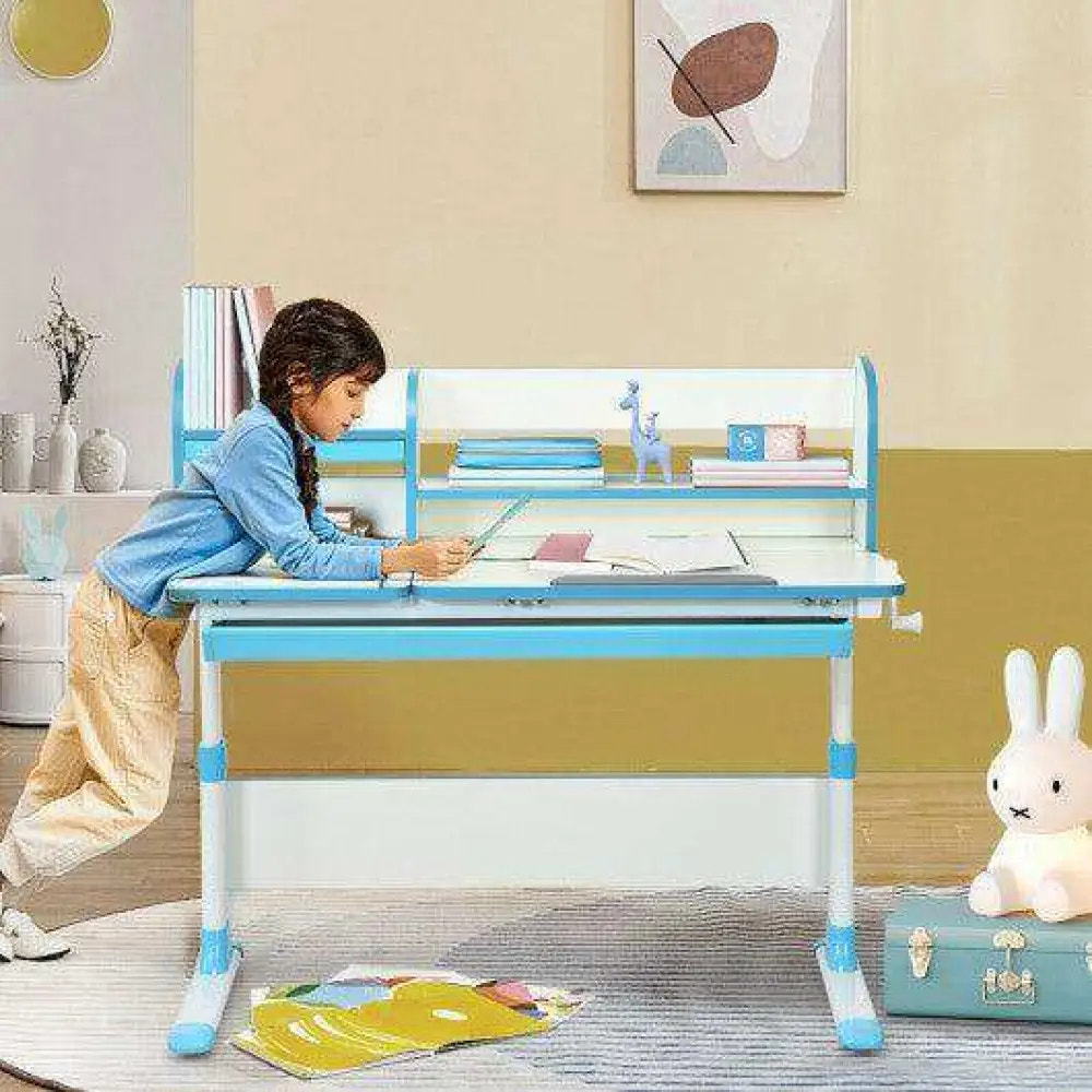 Adjustable Height Study Desk with Drawer and Tilted Desktop for School and Home-Blue Kids Table & Chair Sets