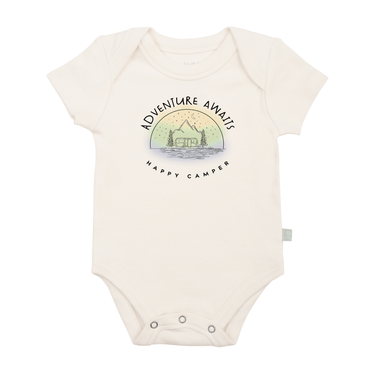 Graphic bodysuit for babies with "Adventure Awaits" design, perfect for playful outings. Short sleeve comfort.