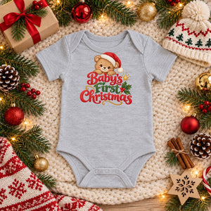 Baby's First Christmas baby bodysuit in heather grey, Christmas flat lay
