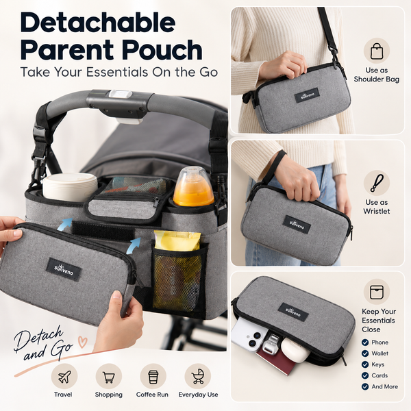 SUNVENO Stroller Organizer Bag with Detachable Parent Pouch, Dual Cup Holders, Adjustable Straps & Removable Shoulder Strap