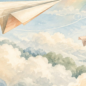Paper Planes shower curtain, close up of the watercolor artwork