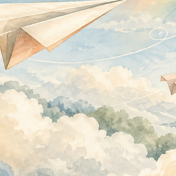 Paper Planes shower curtain, close up of the watercolor artwork