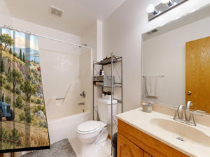 Vehicle Landscape shower curtain on a tub shower combo in an American family bathroom