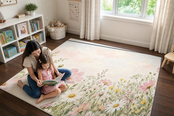 Mom and daughter reading a book on the Cosmos and Daisy Meadow play rug