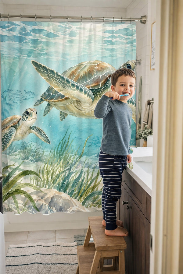 Child brushing teeth in a family bathroom with the Sea Turtles Ocean shower curtain