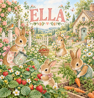 Bunny Garden watercolor artwork with the name Ella