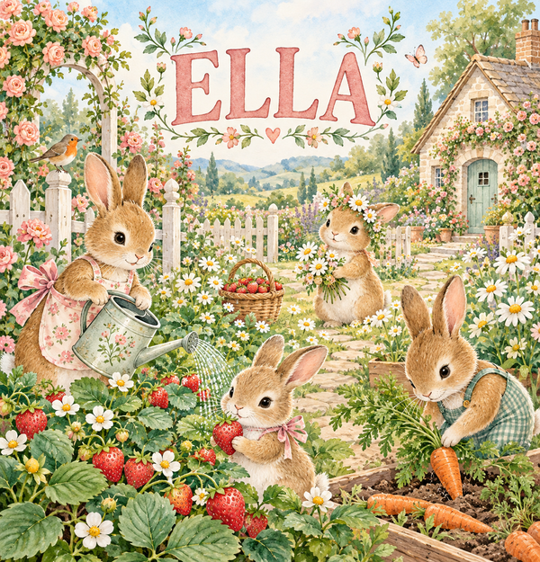 Bunny Garden watercolor artwork with the name Ella