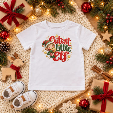 Cutest Little Elf toddler t-shirt in white, Christmas flat lay