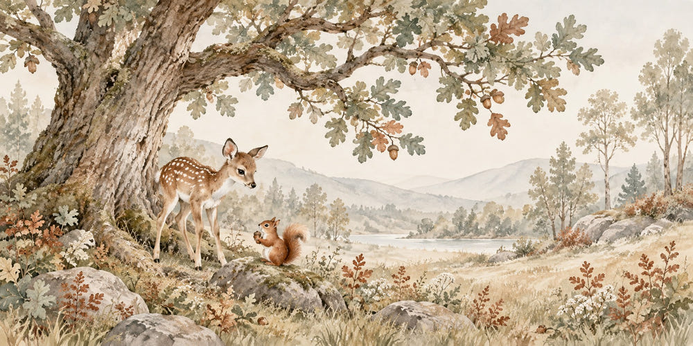 Watercolor Oak Tree Fawn Wall Mural, image 1