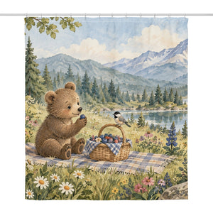 Meadow Picnic Camping shower curtain, full front view of the 71 x 74 in fabric curtain
