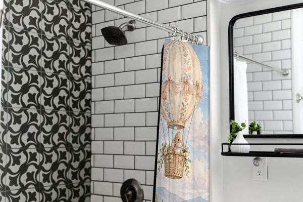 Meadow Hot Air Balloons shower curtain in a modern farmhouse bathroom with subway tile