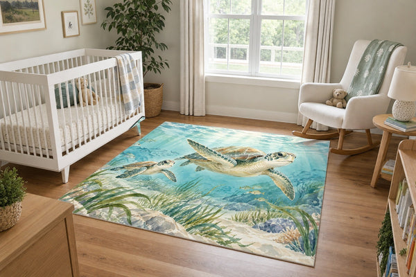 Sea Turtles Ocean area rug in a calm nursery with a white crib