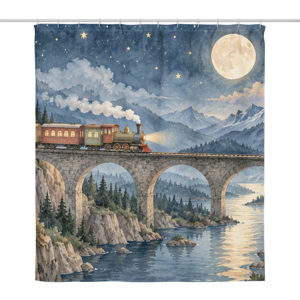 Moonlit Train shower curtain, full front view of the 71 x 74 in fabric curtain