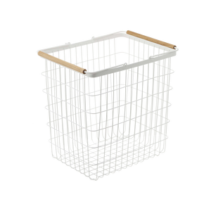 Stylish steel and wood wire laundry basket set in two sizes, angled view showcasing modern design and functionality.