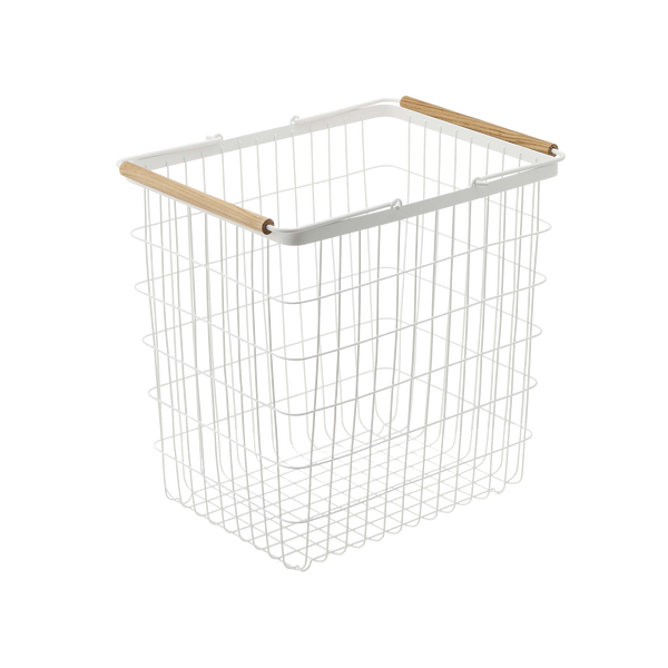 Stylish steel and wood wire laundry basket set in two sizes, angled view showcasing modern design and functionality.