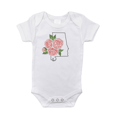 Alabama Camellia baby onesie, short sleeve bodysuit, soft cotton, perfect for infants, floral design, stylish and comfortable.