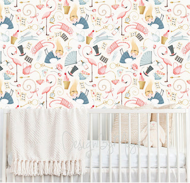 Alice in Wonderland nursery wall decor wallpaper for whimsical children's room art.
