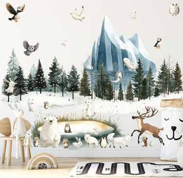 Arctic Animal Friends fabric nursery wall art decals for a charming baby room decor.