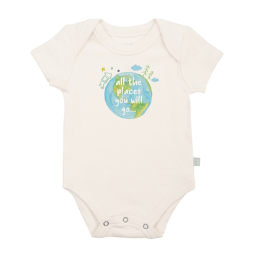 Graphic short sleeve bodysuit for babies featuring "Places You Will Go" design. Perfect for adventurous little ones!