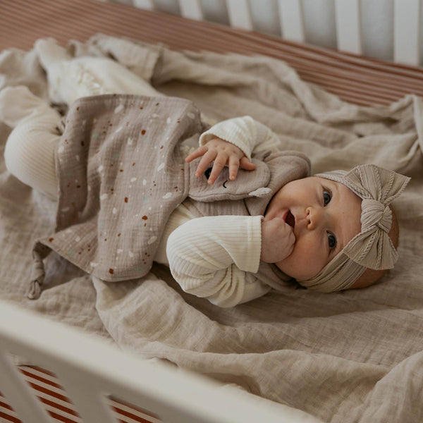 100% muslin alpaca lovey for babies, soft and cuddly, perfect for comfort and security. Angle 5 view.