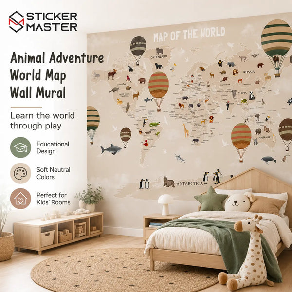 Animal Adventure World Map Wall Mural | Kids Map Nursery Wallpaper Art
