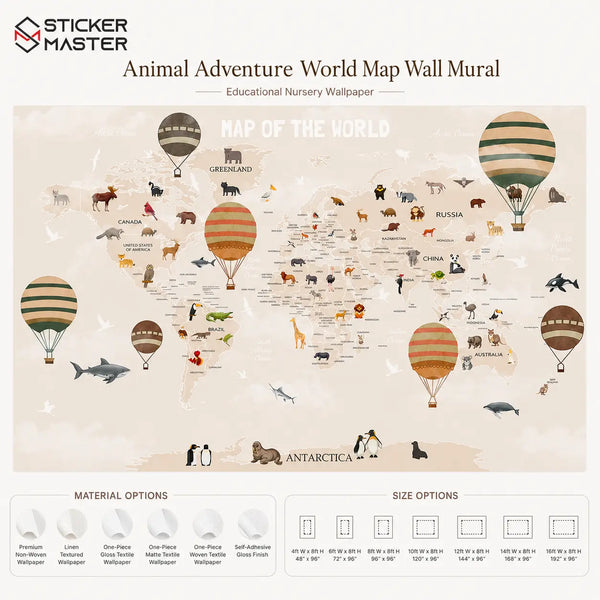 Animal Adventure World Map Wall Mural | Kids Map Nursery Wallpaper Art