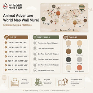 Animal Adventure World Map Wall Mural | Kids Map Nursery Wallpaper Art