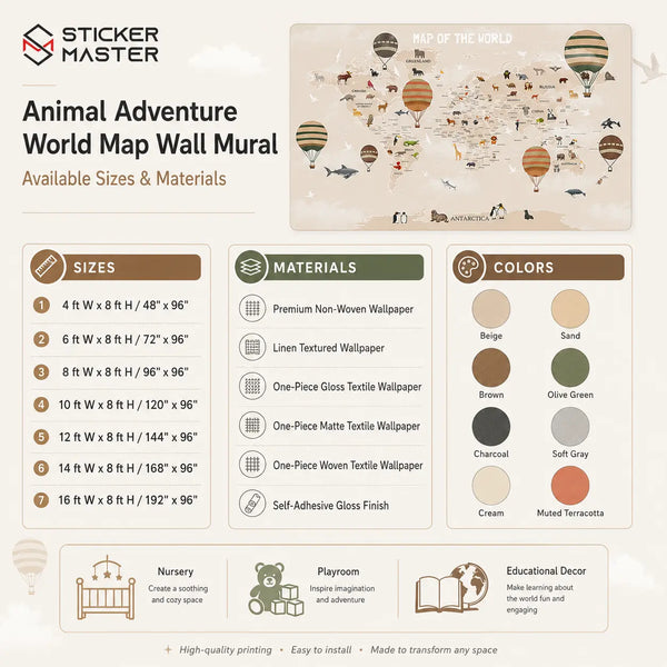 Animal Adventure World Map Wall Mural | Kids Map Nursery Wallpaper Art