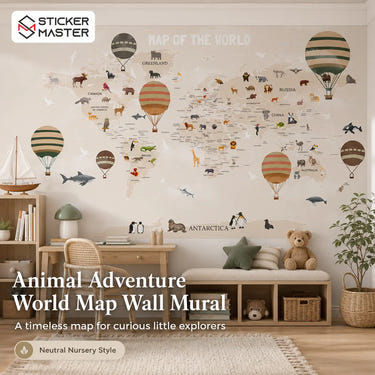 Animal Adventure World Map Wall Mural | Kids Map Nursery Wallpaper Art