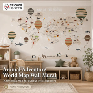 Animal Adventure World Map Wall Mural | Kids Map Nursery Wallpaper Art