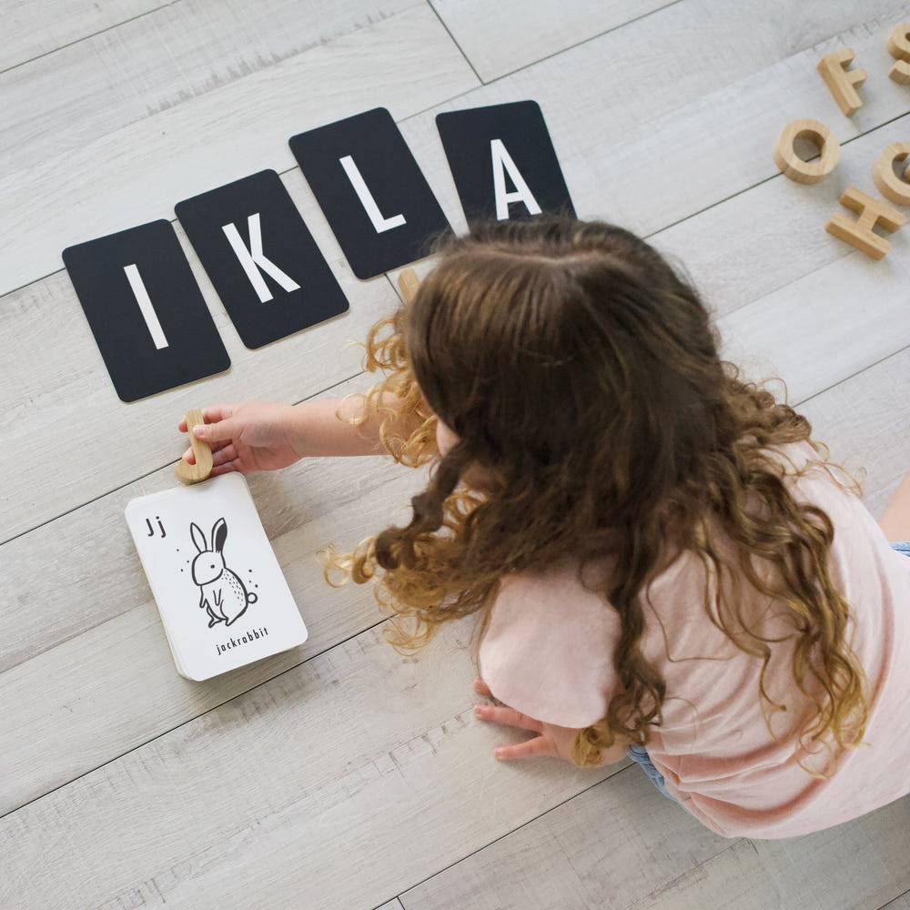 Woodland Alphabet Cards for babies, featuring colorful illustrations for early learning and engagement.