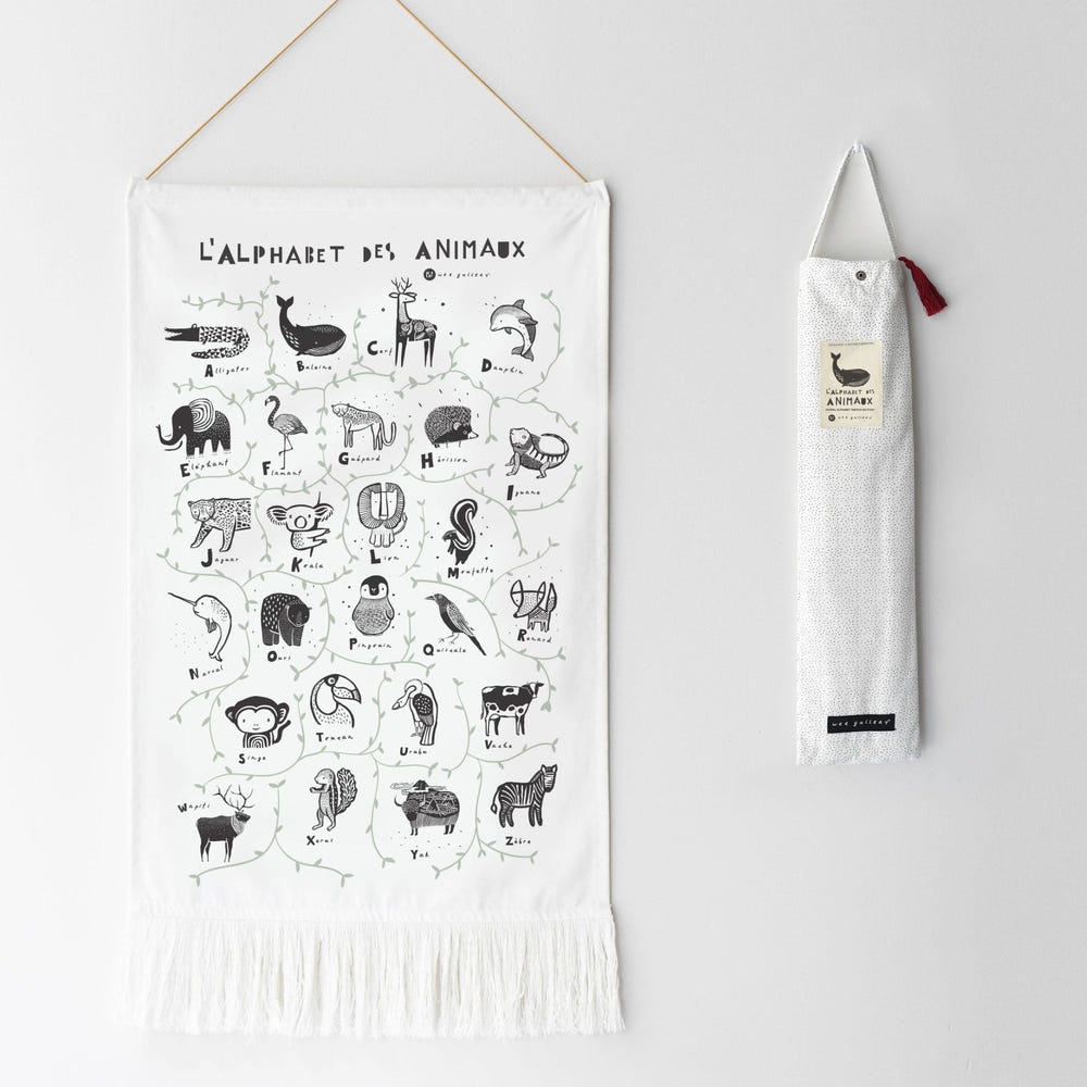 Animal Alphabet Tapestry - French Edition for baby decor, featuring colorful letters and playful animal designs.