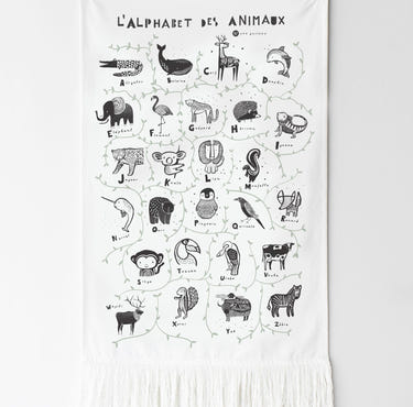 Animal Alphabet Tapestry - French Edition for baby decor, featuring colorful letters and playful animal designs.