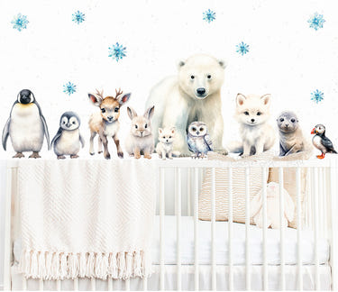 Arctic Animal Friends fabric nursery wall art decals for playful and cozy baby room decor.