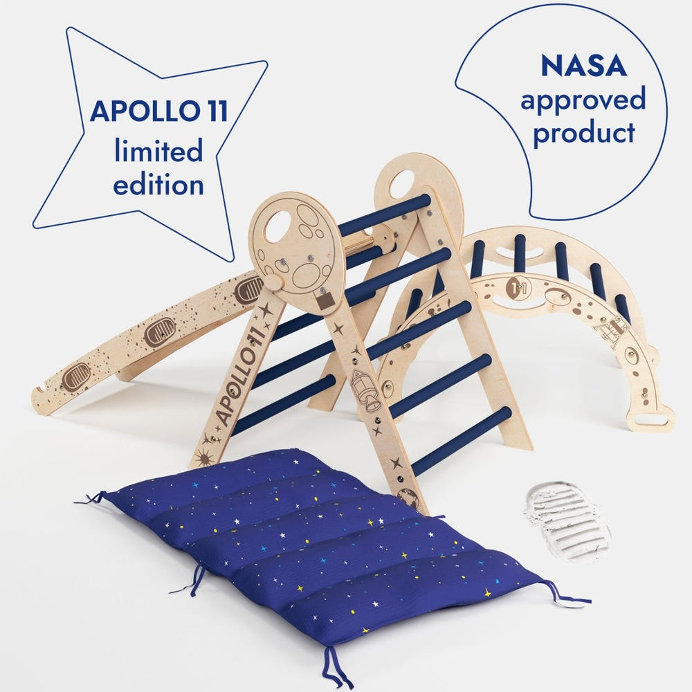 Apollo 4in1 Climbing Set: Pikler Triangle, Arch, Slide Board, and Cushion for toddlers aged 1-3 years.