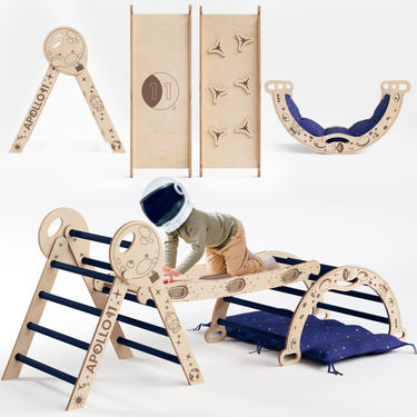 Apollo 4in1 Climbing Set: Pikler Triangle, Arch, Slide Board, and Cushion for toddlers aged 1-3 years.