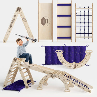 Apollo 5in1 Climbing Set: Pikler Triangle, Net, Arch, Slide Board, and Cushion for adventurous little astronauts.