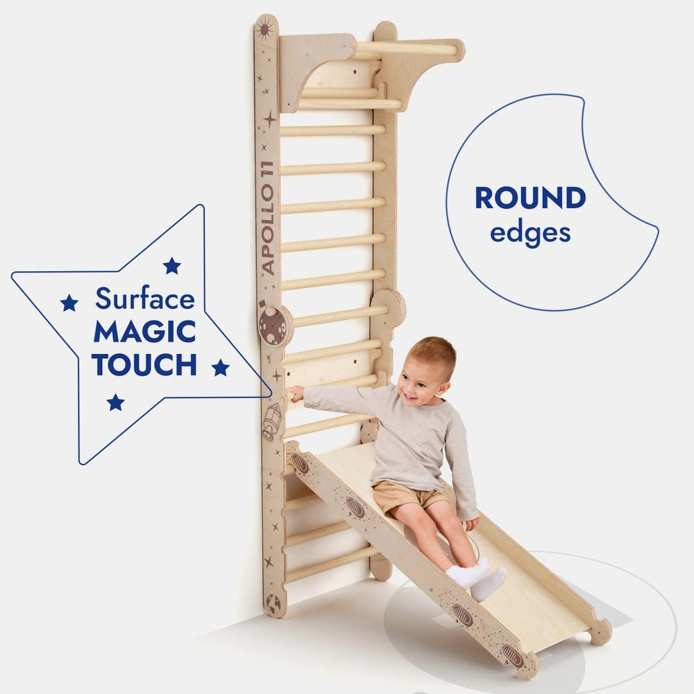 Apollo Swedish Wall climbing ladder with moon swing set and slide board for outdoor play, perfect for little astronauts.