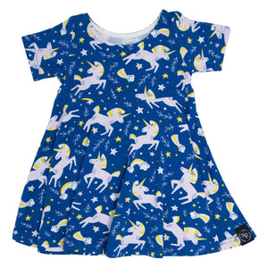 Swirly Girl Short Sleeve Dress - Grecian Unicorn Blue