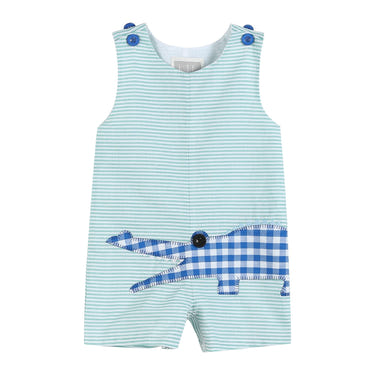 Aqua striped gator shortall for babies, perfect for summer play and comfort.
