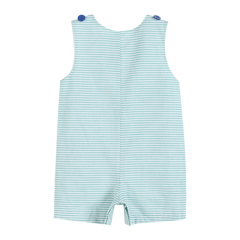 Aqua striped gator shortall for babies, perfect for summer play and comfort.