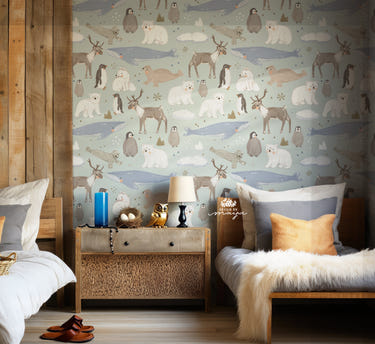Arctic Animals Wallpaper for nursery decor, featuring cute wildlife designs for a cozy baby room atmosphere.